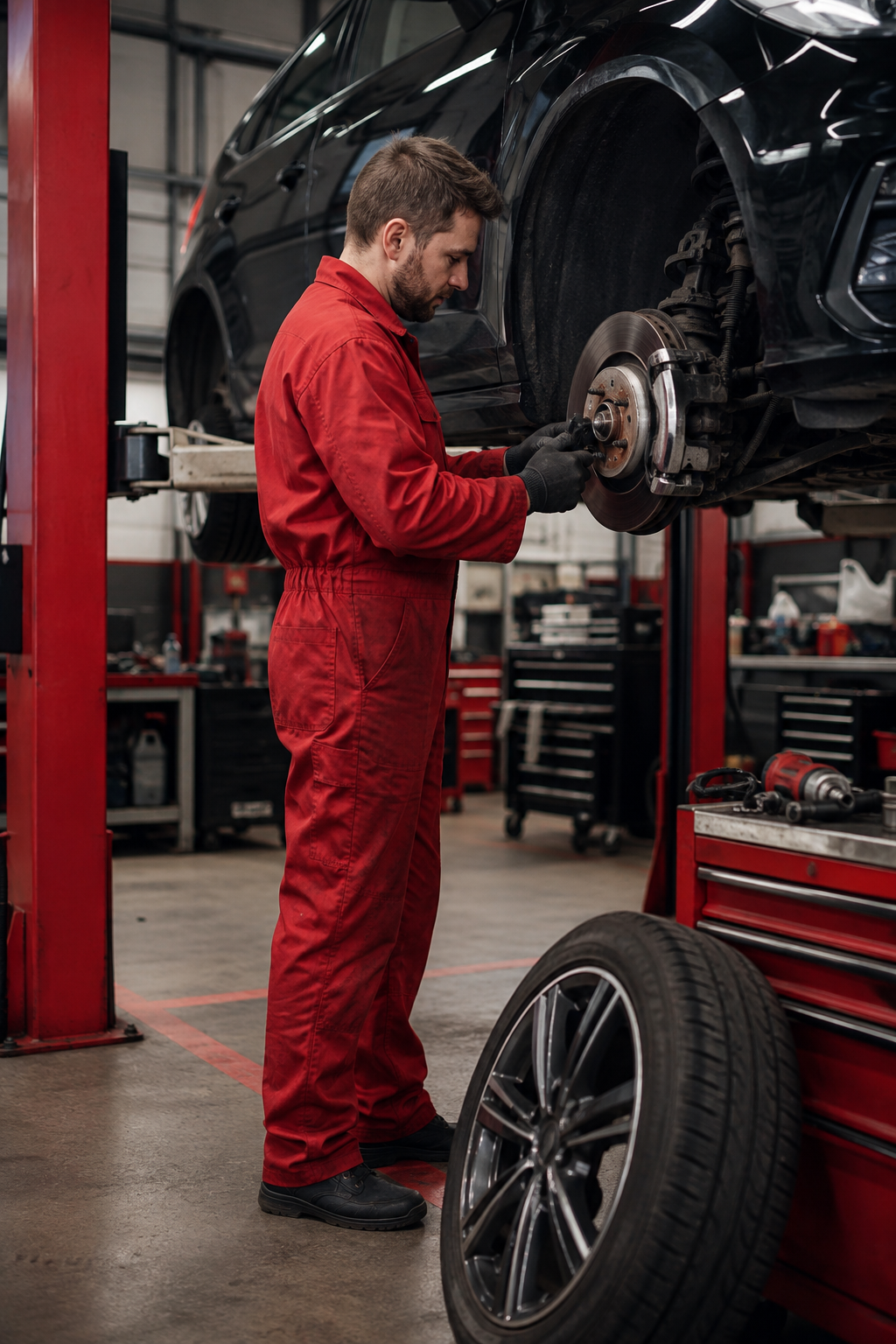 Mecânico realizando manutenção no sistema de freio de um carro